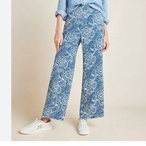 Anthropologie Maeve Anika Blue And White Print Wide Leg Palazzo Pants